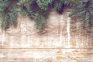 Christmas decorations on old boards. Christmas background. Christmas Socks. New Year background. Xmax background. Christmas tree. Toned image.