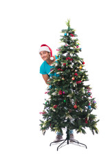 Young man decorating christmas tree isolated on white
