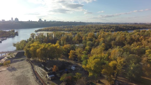 Dnieper and Desna river in Kiev,  aerial view, raw, 4K