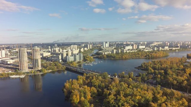Dnieper and Desna river in Kiev,  aerial view, raw, 4K