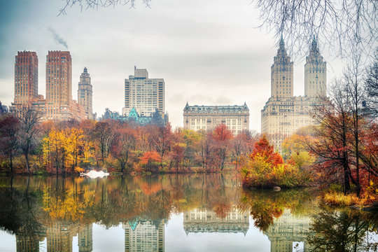 Fototapeta The lake in Central park, New York City at autumn day, USA