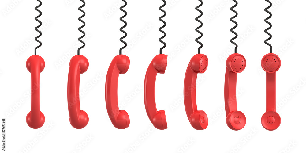 Poster 3d rendering of several red retro phone receivers hanging from their black cords on a white backgrou