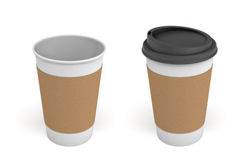 3d rendering of two white coffee cups with carton sleeves one, one cup with a black lid and one open.