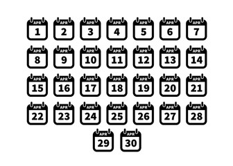 Set of simple black calendar icons on april isolated on white