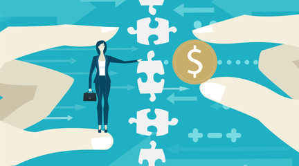 Business woman is being held by senior management hand showing the dollar sign. Economy recession concept illustration.