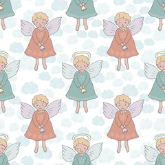 Christmas seamless pattern with cute angels with bell