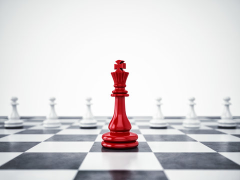 Red pawn ahead of white pawns. 3D Rendering
