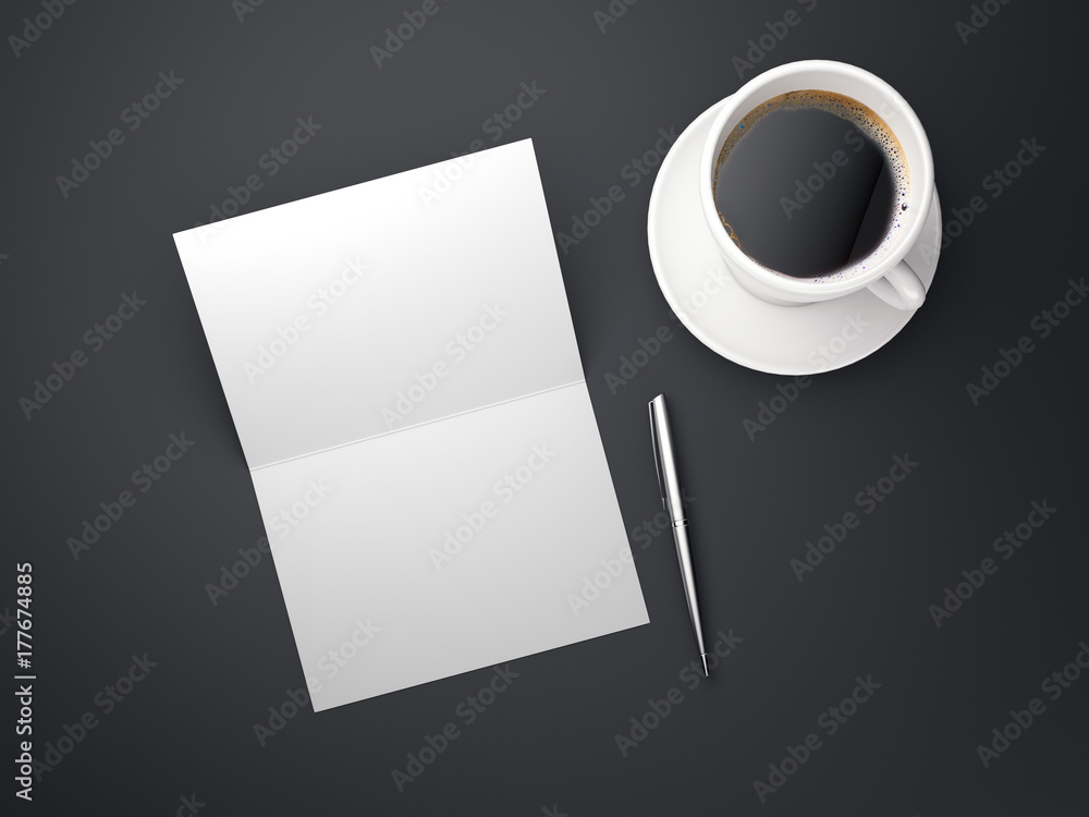 Poster white opened leaflet on the table. 3d rendering
