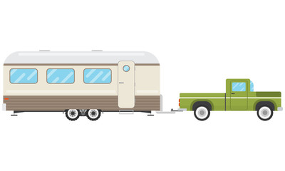Pickup pulls the house on wheels on a white background. House-trailer. Vector illustration