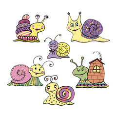 Set of 6 cute colorful cartoon snails