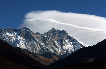 Lenticular clouds and Mount Everest and Lhotse view in Sagarmatha, Nepal, Himalayas