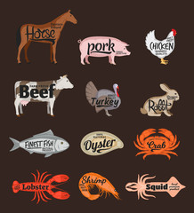 Vector farm animals and seafood collection. Butcher shop and seafood shop icons