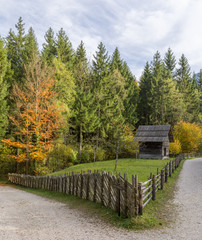 Old wooden shack in the alps with old fence in autumn