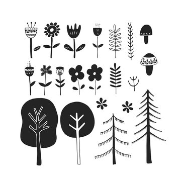 Cute hand drawn monochrome floral set. Unique vector botanical collection of flower, mushrooms, trees.