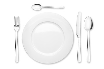 Empty plate, Spoon, teaspoon, fork, knife, clipping path, white background, isolated, top view from...