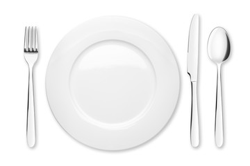 Empty plate, Spoon, fork, knife, clipping path, white background, isolated, top view from first...