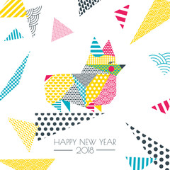 Obraz premium Vector color illustration of welsh corgi pembroke dog with patchwork geometric triangle texture. Creative New Year greeting card, poster, banner design elements. Chinese calendar decoration.
