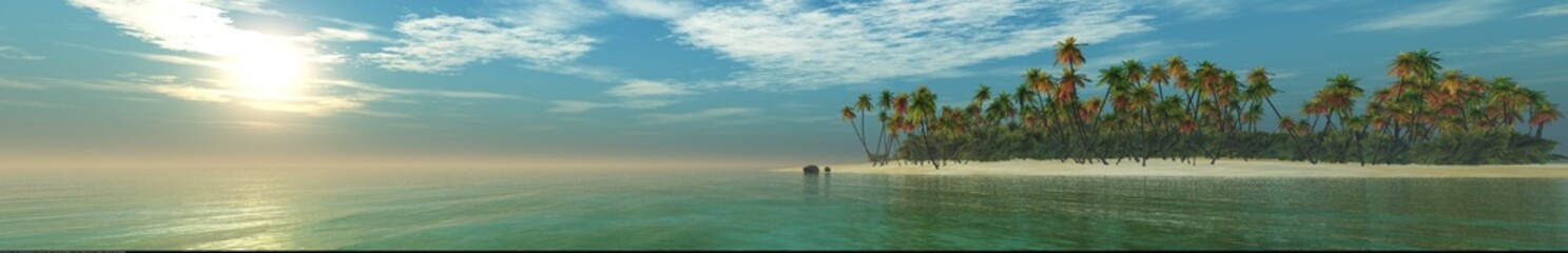 Fototapety  Tropical panorama of the sunset over the island with palm trees, banner, 3d rendering  
