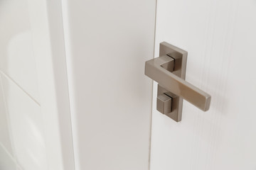 Metal door handle of modern style bathroom.