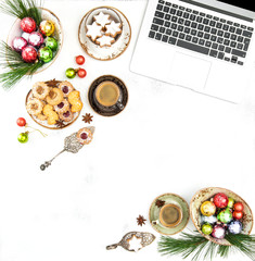 Christmas food decoration cookies coffee Flat lay social media