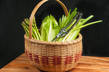 Artisan basket of fresh cut asparagus, roman lettuce, celery, and green onions with cutting instrument on a wood cutting board