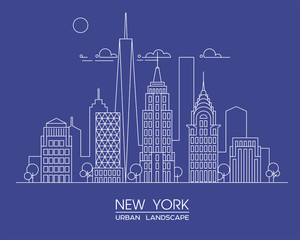New York city line vector illustration. Famous buildings and skyscrapers. Cityscape.