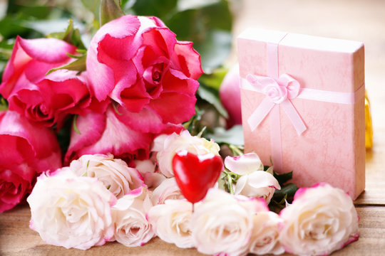Roses, heart shape and gift box