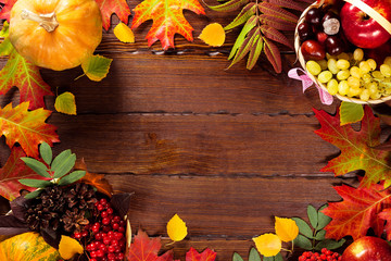 Autumn background with basket, yellow maple leaves, grapes, red apples. Frame of fall harvest on aged wood with copy space. Mock-up for seasonal offers and holiday post card
