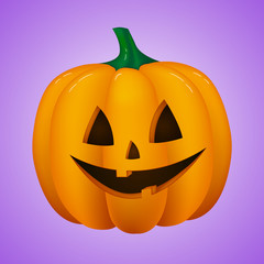 Scary 3d pumpkin isolated on purple background. Vector.