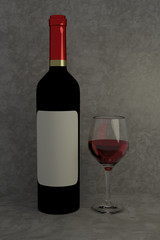 3D rendering of red wine glass and red wine bottle