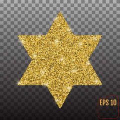 Star form with gold glitter effect. Traditional Jewish symbols. Jewish star isolated on transparent background.