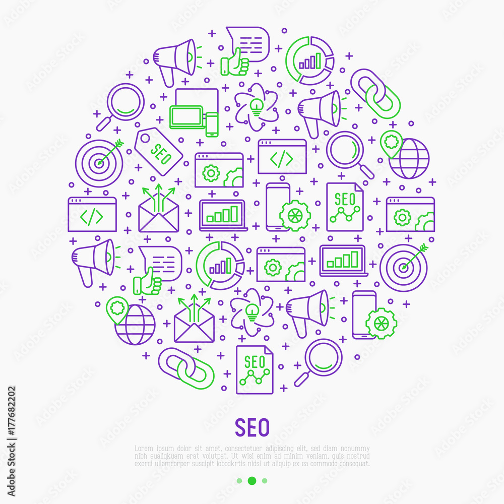 Poster seo and development concept in circle with thin line icons. vector illustration for banner, web page