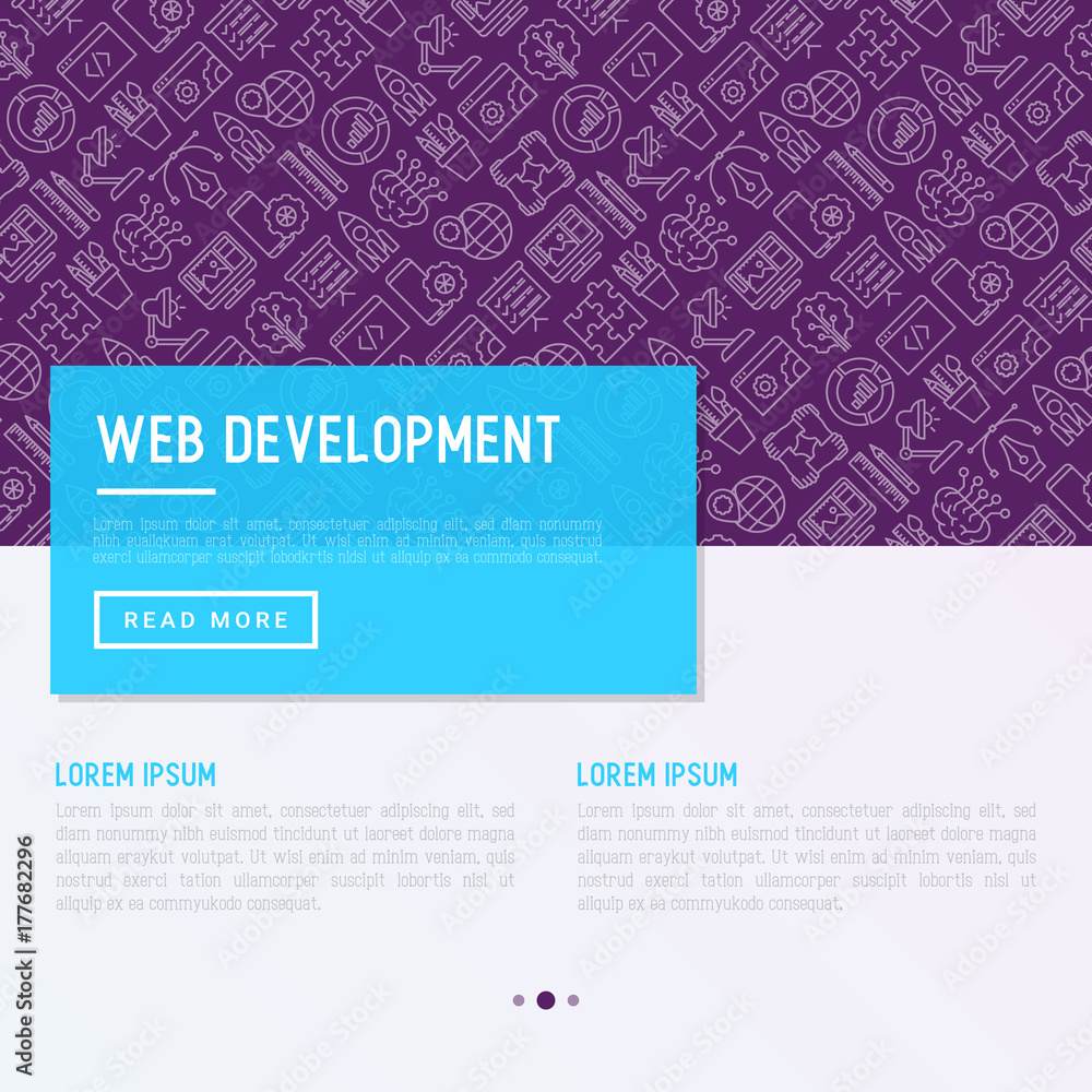 Poster web development concept with thin line icons of programming, graphic design, mobile app, strategy, a