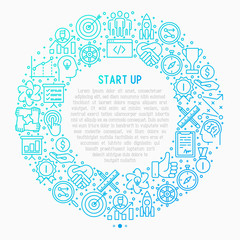 Start up concept in circle with thin line icons of development, growth, success, idea, investment. Vector illustration for banner, web page, print media with place for text inside.