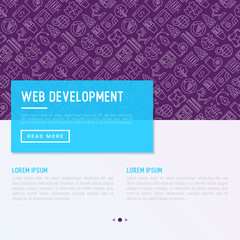 Fototapeta na wymiar Web development concept with thin line icons of programming, graphic design, mobile app, strategy, artificial intelligence, optimization, analytics. Vector illustration for banner, web page.