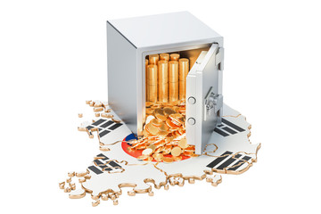Safe box with golden coins on the map of South Korea, 3D rendering