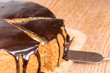 Sliced chocolate birthday cake