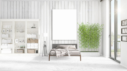 Fashionable modern loft interior with empty frame and copyspace in horizontal arrangement. 3D rendering.
