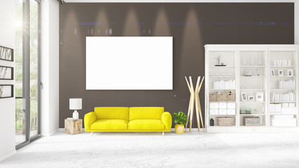 Fashionable modern loft interior with empty frame and copyspace in horizontal arrangement. 3D rendering.