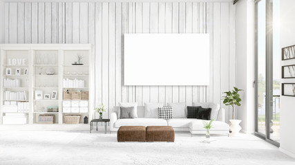 Fashionable modern loft interior with empty frame and copyspace in horizontal arrangement. 3D rendering.