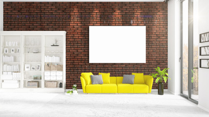 Fashionable modern loft interior with empty frame and copyspace in horizontal arrangement. 3D rendering.