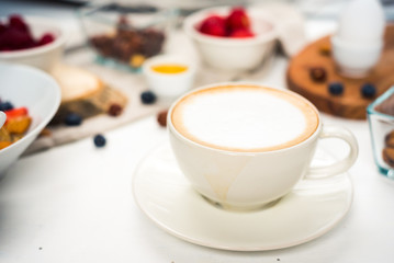 morning coffee breakfast, Cappuccino on white background. Good morning - healthy breakfast background