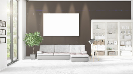 Fashionable modern loft interior with empty frame and copyspace in horizontal arrangement. 3D rendering.