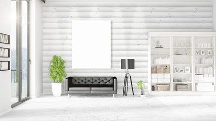 Fashionable modern loft interior with empty frame and copyspace in horizontal arrangement. 3D rendering.