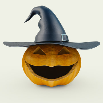Scary halloween pumpkin with jocker smile and the witch hat on the white background