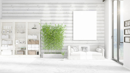 Fashionable modern loft interior with empty frame and copyspace in horizontal arrangement. 3D rendering.