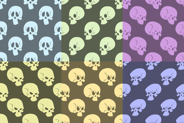 Skull bones human face halloween horror crossbones fear scary vector illustration seamless pattern background.