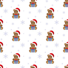 Teddy bear with a gift. Snowfall. Seamless pattern. Vector. Flat.