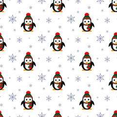 Penguin in a knitted hat. Snowfall. Seamless pattern. Vector. Flat.