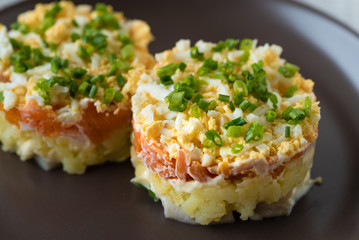 Herring under the coat -  multilayer salad from herring, potatoes, carrots and eggs decorated with chives.